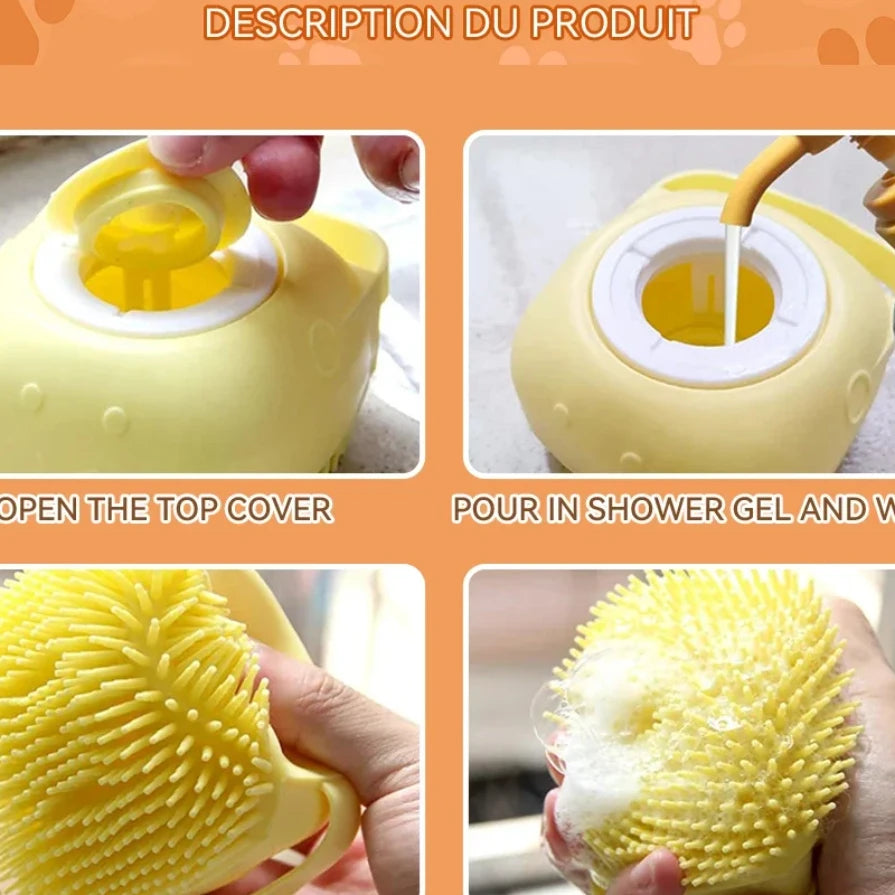 Dog Bathing Brush Pet Massage Brush Shampoo Dispenser Soft Silicone Brush Rubber Bristle for Dogs and Cats Shower Grooming Tool