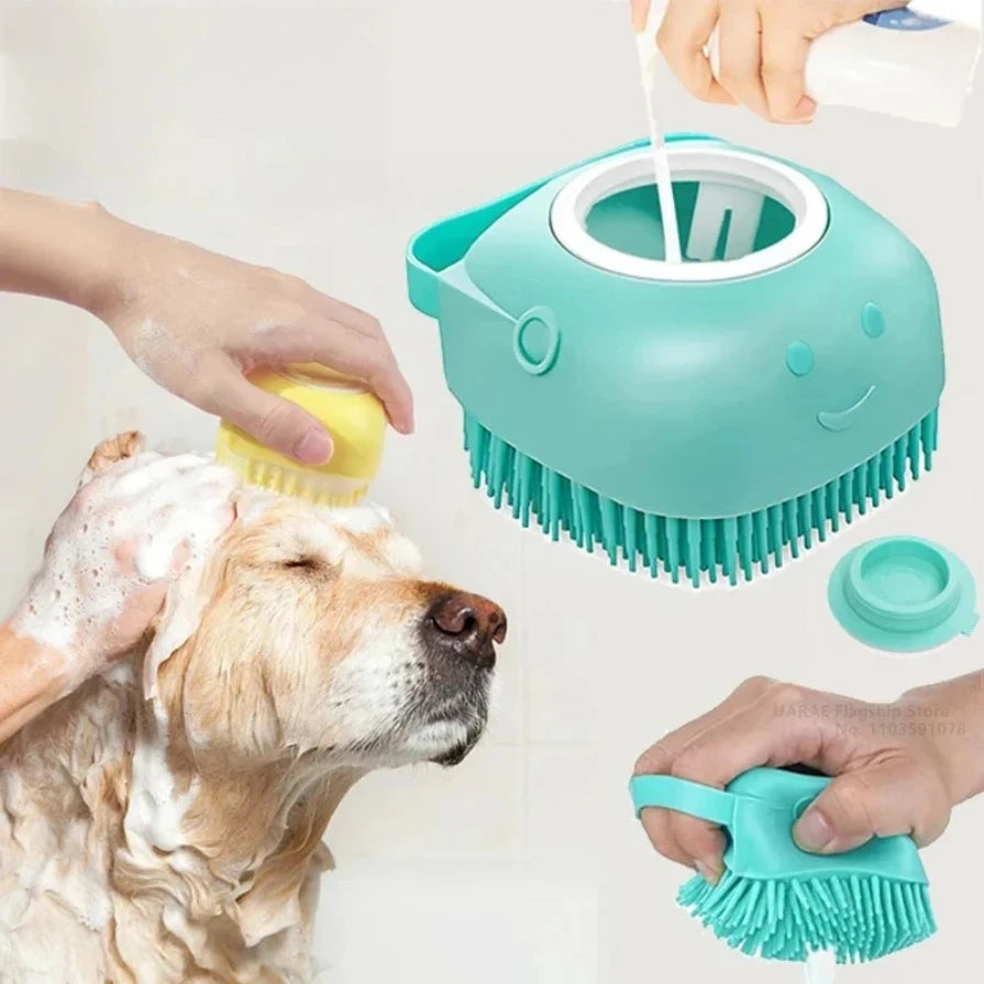 Dog Bathing Brush Pet Massage Brush Shampoo Dispenser Soft Silicone Brush Rubber Bristle for Dogs and Cats Shower Grooming Tool